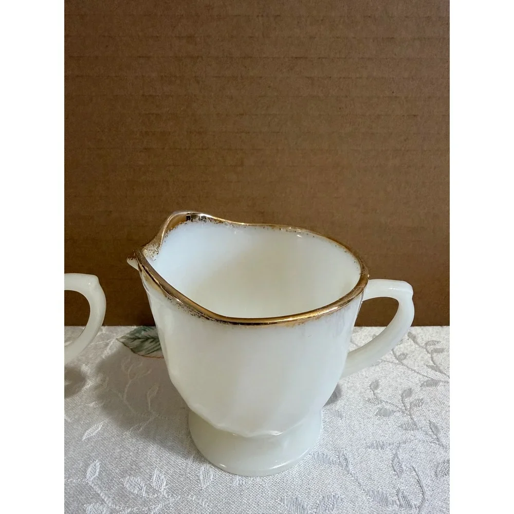 Fire-King Milk Glass Swirl Creamer & Sugar Bowl Set Gold Rim Vintage Mid Century